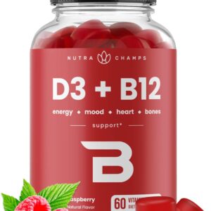 NutraChamps Vitamin D3 & B12, Methyl B12 Gummies for Adults & Kids, Enhanced with Vitamin D 3 & B9 Vitamin Folate, Natural Energy, Mood, Metabolism & Focus, Raspberry, 60 Gummies