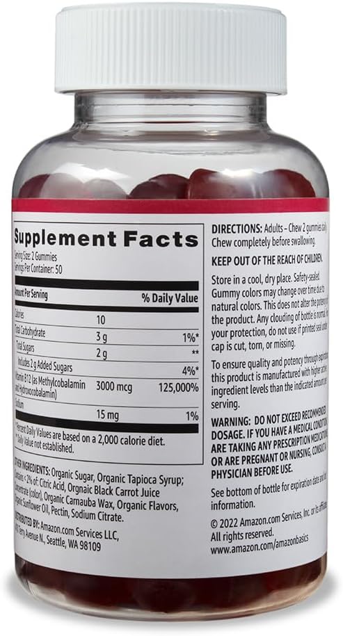 Amazon Basics Vitamin B12 3000 mcg Gummies, Normal Energy Production and Metabolism, Immune System Support, Raspberry, 100 Count (2 per Serving) (Previously Solimo)