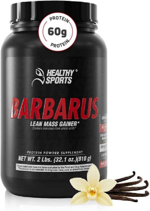 Protein Powder for Muscle Gain 60g Protein, 1100mg Creatine, BCAAs, Amino Acid Blend & Glutamine – 3 Scoops (150g) – Vanilla Flavor, 900g – Non-GMO – High Protein Supplement – 6 Servings – Barbarus