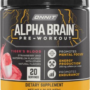 ONNIT Alpha Brain Pre-Workout Powder, IGEN™ Non-GMO Tested, Tiger’s Blood Flavor, Pre-Workout Supplement for Women and Men, Dietary Supplement, 20 Servings per Tub, 6.76 oz