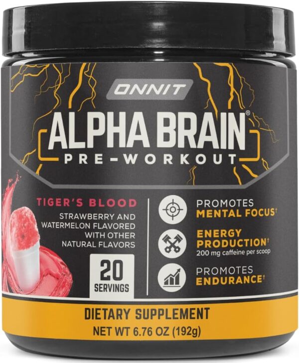 ONNIT Alpha Brain Pre-Workout Powder, IGEN™ Non-GMO Tested, Tiger's Blood Flavor, Pre-Workout Supplement for Women and Men, Dietary Supplement, 20 Servings per Tub, 6.76 oz