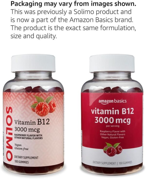 Amazon Basics Vitamin B12 3000 mcg Gummies, Normal Energy Production and Metabolism, Immune System Support, Raspberry, 100 Count (2 per Serving) (Previously Solimo)