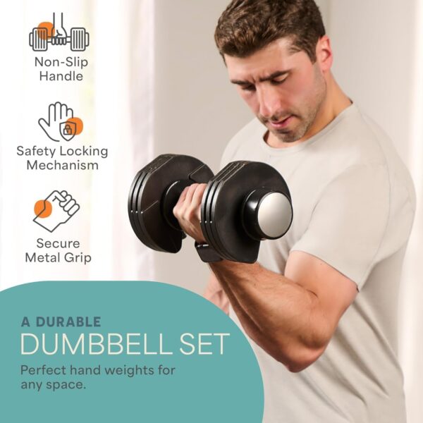 Lifepro Adjustable Dumbbells Set – 15lb, 25lb Pair or 43lb, 55lb & 90lb Single – Quick Adjustment, Anti Slip Handle – Space Saving & Strength Training Weights for Home Gym Exercise & Fitness