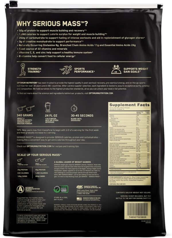 715lYFM1cmL._AC_SL1500_.jpg Optimum Nutrition Serious Mass, Weight Gainer Protein Powder, Mass Gainer, Vitamin C and Zinc for Immune Support, Creatine, Chocolate, 12 Pound (Packaging May Vary)