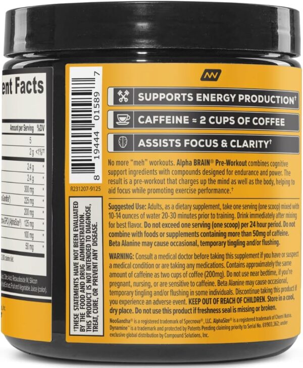 ONNIT Alpha Brain Pre-Workout Powder, IGEN™ Non-GMO Tested, Tiger's Blood Flavor, Pre-Workout Supplement for Women and Men, Dietary Supplement, 20 Servings per Tub, 6.76 oz
