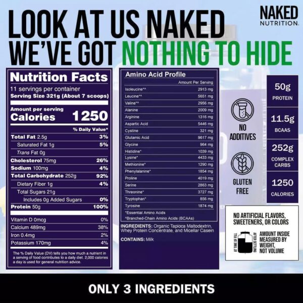 NAKED Mass - Natural Weight Gainer Protein Powder - 8 LB Bulk, NSF Certified, GMO Free, Gluten Free & Soy Free. No Artificial Ingredients - 1,250 Calories per Serving