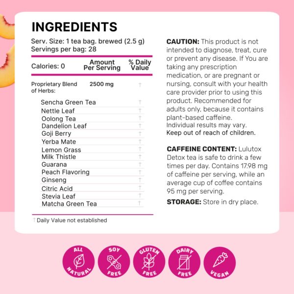LULUTOX Detox Tea - Slimming Tea with Dandelion and Ginseng to Support Goals for Detox Cleanse, Flat Belly, Bloating, Healthy Weight and Digestive Health - Women & Men - Peach Flavor (28 Servings)