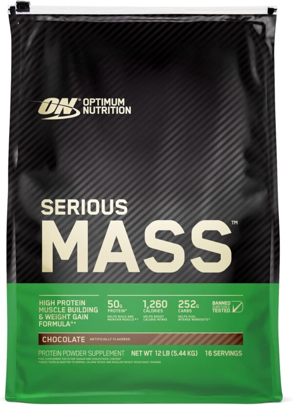 71HjvVnPj5L._AC_SL1500_.jpg Optimum Nutrition Serious Mass, Weight Gainer Protein Powder, Mass Gainer, Vitamin C and Zinc for Immune Support, Creatine, Chocolate, 12 Pound (Packaging May Vary)