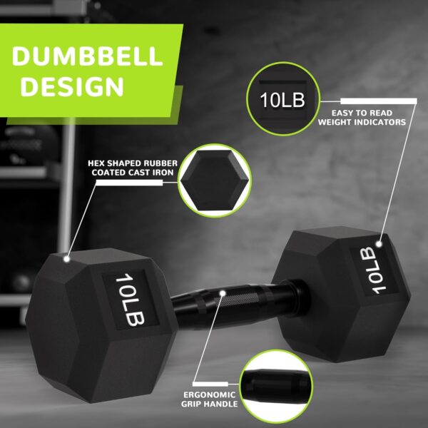 Fitvids Rubber Encased Exercise & Fitness Hex Dumbbell, Hand Weights with Anti-Slip Metal Handle for Home Gym, Multiple Sizes