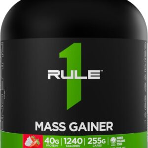 Rule 1 Proteins Mass Gainer – High-Calorie Weight Gain Formula with 1,220+ Calories, 250g+ Complex Carb Blend, 40g All-Whey Protein Per Serving (8 Servings, Strawberries & Crème)
