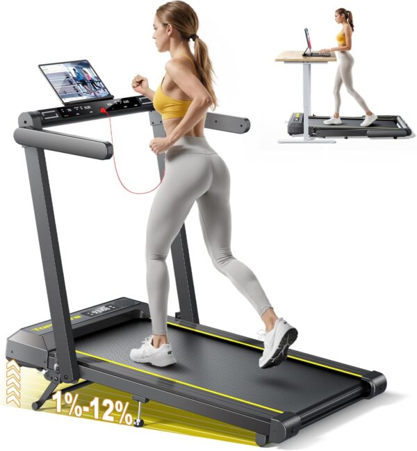 Walking Pad Treadmill with 12% Incline and Handle Bar, 4 in 1 Folding Treadmill for Home/Office, Under Desk Treadmills Portable Walking Pad with App & Bluetooth Speaker, 0.6-10MPH