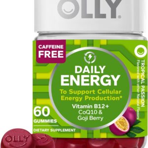 OLLY Daily Energy Gummy, Caffeine Free, Vitamin B12, CoQ10, Goji Berry, Adult Chewable Supplement, Tropical Flavor – 60 Count