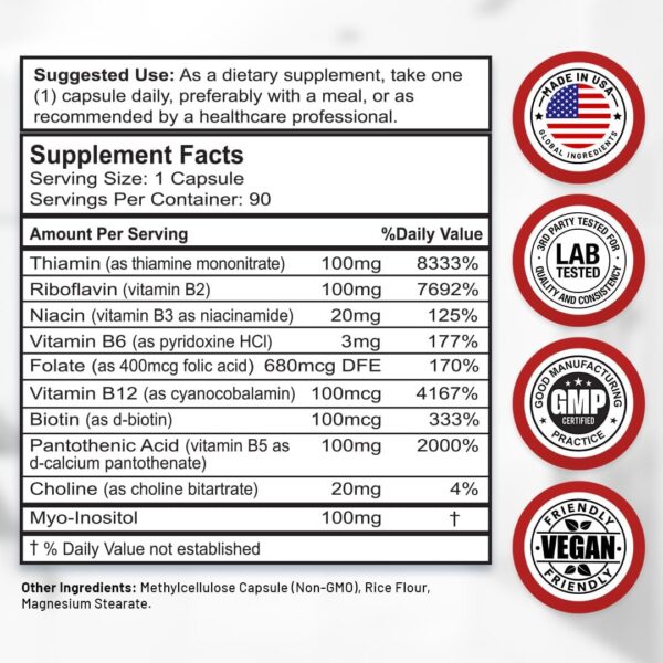 Divine Bounty Super B Complex Vitamins - All B Vitamins Including B12, B1, B2, B3, B5, B6, B7, B9, Folic Acid - Vitamin B Supplement - Support Healthy Energy Metabolism - 90 Vegetarian Capsules