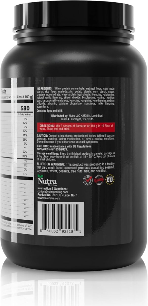Protein Powder for Muscle Gain 60g Protein, 1100mg Creatine, BCAAs, Amino Acid Blend & Glutamine – 3 Scoops (150g) – Vanilla Flavor, 900g – Non-GMO – High Protein Supplement – 6 Servings – Barbarus
