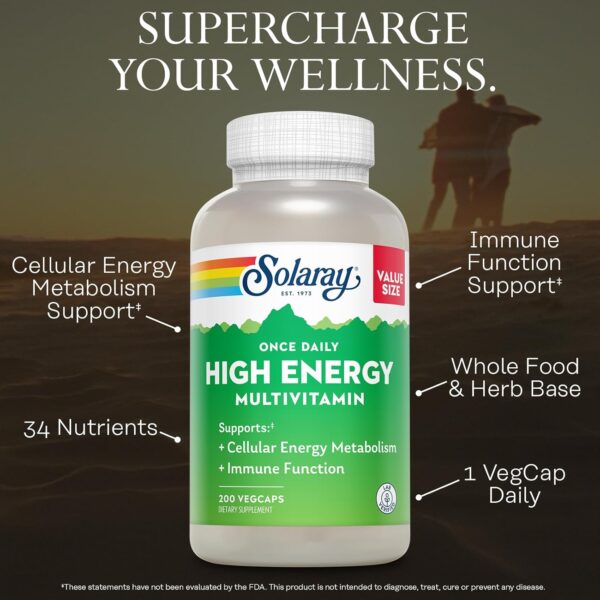 SOLARAY Once Daily High Energy Multivitamin for Women and Men – with Vitamin C, Vitamin D and Whole Food & Herb Base - Cellular Energy Metabolism & Immune Function Support – 200 Servings, 200 VegCap