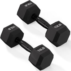 Fitvids Rubber Encased Exercise & Fitness Hex Dumbbell, Hand Weights with Anti-Slip Metal Handle for Home Gym, Multiple Sizes