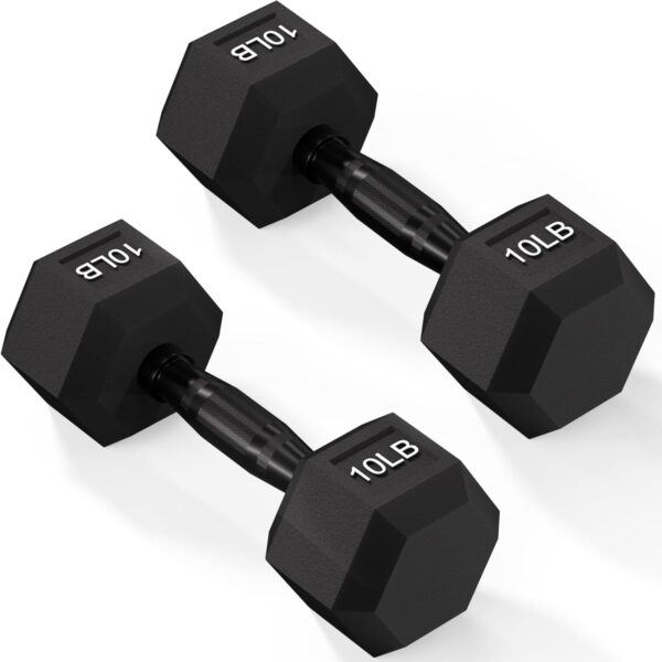 Fitvids Rubber Encased Exercise & Fitness Hex Dumbbell, Hand Weights with Anti-Slip Metal Handle for Home Gym, Multiple Sizes