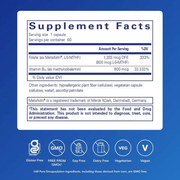 Pure Encapsulations B12 Folate - Energy Supplement to Support Nerves, Energy Metabolism & Cognitive Support* - with Vitamin B Folate as Metafolin - 60 Capsules