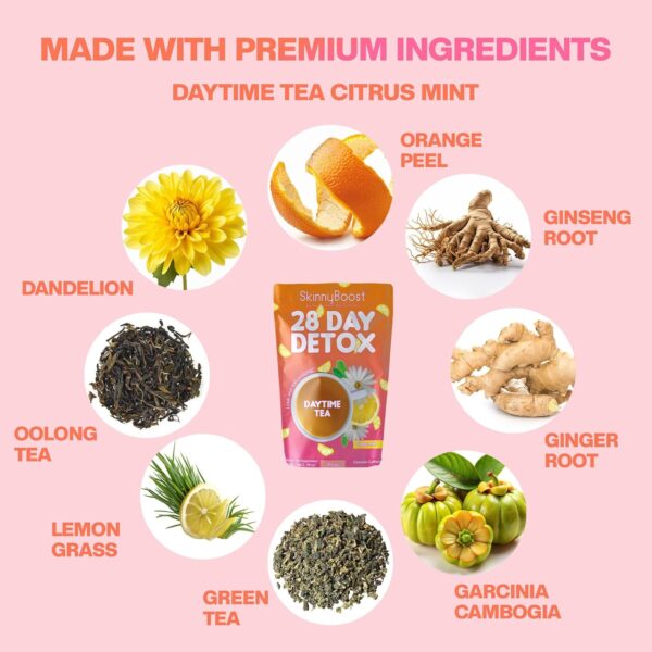 SkinnyBoost 28 Day Detox Daytime Tea - CITRUS MINT (28 Tea Bags) Supports Metabolism Boost, Detox, All Natural, Non GMO, Vegan, Keto Friendly