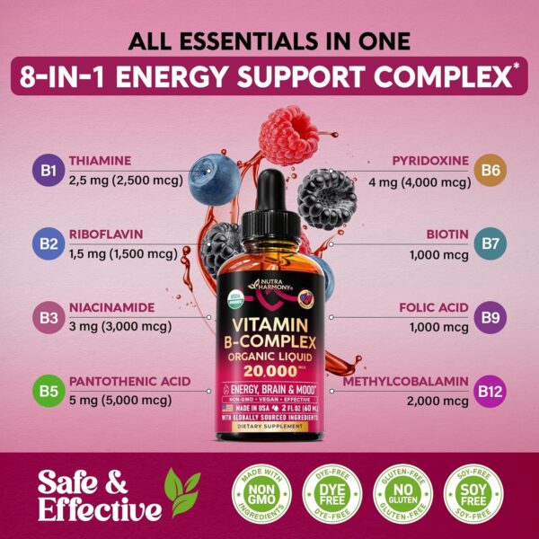 81KszbbaRmL._AC_SL1500_.jpg USDA Organic Vitamin B-Complex B5 Pantothenic Acid | B12 Methylcobalamin | B1 Thiamine | B6 Pyridoxine | B7 Biotin | B9 Folic | B3 Niacinamide - B Complex Liquid Drops, Made in USA Supplement, 2fl oz