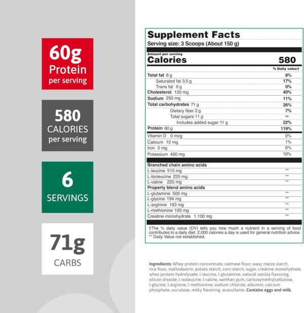 Protein Powder for Muscle Gain 60g Protein, 1100mg Creatine, BCAAs, Amino Acid Blend & Glutamine – 3 Scoops (150g) – Vanilla Flavor, 900g – Non-GMO – High Protein Supplement – 6 Servings – Barbarus
