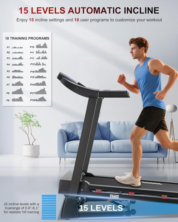 81Q7scnMBL._AC_SL1500_.jpg Treadmill with 15-Level Auto Incline, 47"x18" Wide Running Belt, 10 MPH, 3.5 HP Brushless Incline Treadmill for Home, 350 LB Capacity, Shock Absorption, Bluetooth Speaker & App