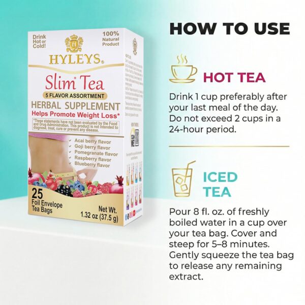 HYLEYS Slim Tea 5 Flavor Assortment - Weight Loss Herbal Supplement Cleanse and Detox - 25 Tea Bags (1 Pack) - Assorted Tea Variety Pack