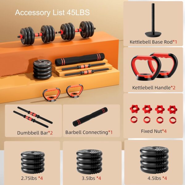 Adjustable Dumbbell Set, 10/20/30/45/70/90lbs, 5 in 1 Multi-Function Dumbbells Set Converts to Barbell & Kettlebell, Weight Set for Home Gym Workout, Suitable for Men/Women Strength Training
