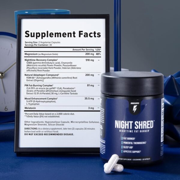 InnoSupps Night Shred Fat Burner and Natural Sleep Support | Ashwaganda, 5-HTP, CLA, Melatonin | Appetite Suppressant | Weight Loss Support Nighttime Fat Burning (60 Vegetarian Capsules)