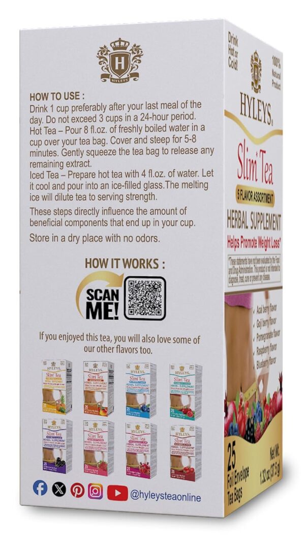 HYLEYS Slim Tea 5 Flavor Assortment - Weight Loss Herbal Supplement Cleanse and Detox - 25 Tea Bags (1 Pack) - Assorted Tea Variety Pack