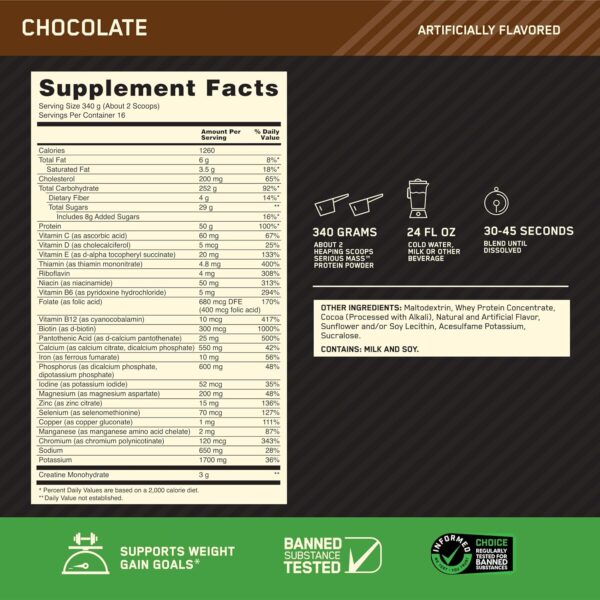 81kZPQGo-FL._AC_SL1500_.jpg Optimum Nutrition Serious Mass, Weight Gainer Protein Powder, Mass Gainer, Vitamin C and Zinc for Immune Support, Creatine, Chocolate, 12 Pound (Packaging May Vary)