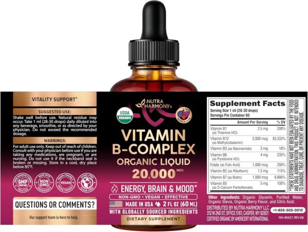 81sX77cMDaL._AC_SL1500_.jpg USDA Organic Vitamin B-Complex B5 Pantothenic Acid | B12 Methylcobalamin | B1 Thiamine | B6 Pyridoxine | B7 Biotin | B9 Folic | B3 Niacinamide - B Complex Liquid Drops, Made in USA Supplement, 2fl oz