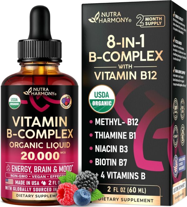 81tMU3gVl2L._AC_SL1500_.jpg USDA Organic Vitamin B-Complex B5 Pantothenic Acid | B12 Methylcobalamin | B1 Thiamine | B6 Pyridoxine | B7 Biotin | B9 Folic | B3 Niacinamide – B Complex Liquid Drops, Made in USA Supplement, 2fl oz