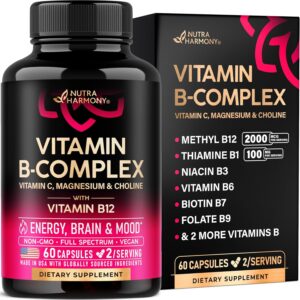 Vitamin B Complex for Men & Women – Riboflavin B2, B12, B1, B3, B5, B6, B7, B8, B9 | Vitamin C, Choline, Inositol – B-Complex Supplement – Energy, Brain & Heart Support – Made in USA, 60 Vegan Caps