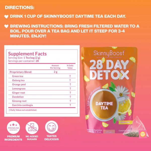 SkinnyBoost 28 Day Detox Daytime Tea - CITRUS MINT (28 Tea Bags) Supports Metabolism Boost, Detox, All Natural, Non GMO, Vegan, Keto Friendly