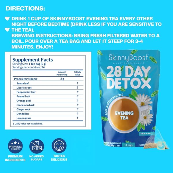 Skinny Boost Evening Tea-Cleanse and detox support, reduce bloating, cleanse colon, reduce toxins, vegan, sugar free-14 bags-lemon honey.