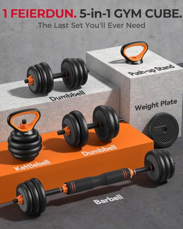 FEIERDUN DS2 Adjustable Dumbbells, 20/30/40/45/70/90lbs Free Weight Set with Connector, 5 in1 Dumbbells Set Used as Barbell, Kettlebells, Push up Stand, Weight Plate, Fitness Exercises for Home Gym Suitable Men/Women