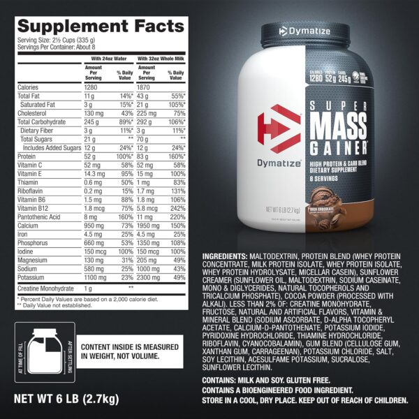 Dymatize Super Mass Gainer Protein Powder, Rich Chocolate, 52g Protein, 1g Creatine, 1280 Calories, 10.7g BCAAs, 245g Carbs, Contains Whey Protein Powder, Isolate, and Casein (8 Servings)