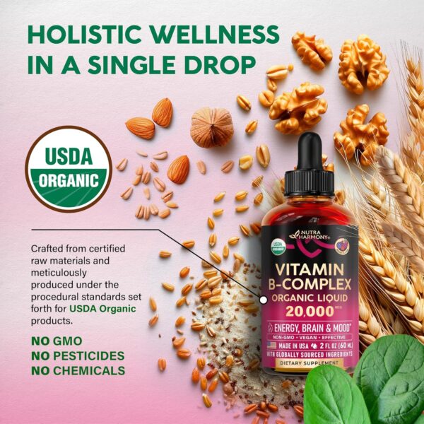 91yFyOGoPbL._AC_SL1500_.jpg USDA Organic Vitamin B-Complex B5 Pantothenic Acid | B12 Methylcobalamin | B1 Thiamine | B6 Pyridoxine | B7 Biotin | B9 Folic | B3 Niacinamide - B Complex Liquid Drops, Made in USA Supplement, 2fl oz