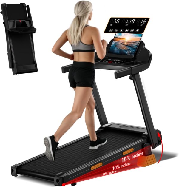 61619pcaDBL._AC_SL1500_.jpg LONTEK Treadmills for Home with 15% Incline & Led Screen, 7-Layer Shock-Absorbing Foldable Treadmill with Handle Bar Up to 400lbs Capacity, 3.0HP Quiet Walking Pad Treadmill 0.6-7.5MPH