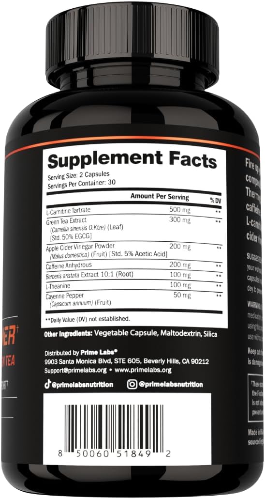 Prime Labs Thermogenic Fat Burner for Men - Weight Loss Supplement - with L-Carnitine, Caffeine, & Green Tea - Thermogenic Energy & Metabolic Support - Third-Party Tested, Made in the USA - 60 Count