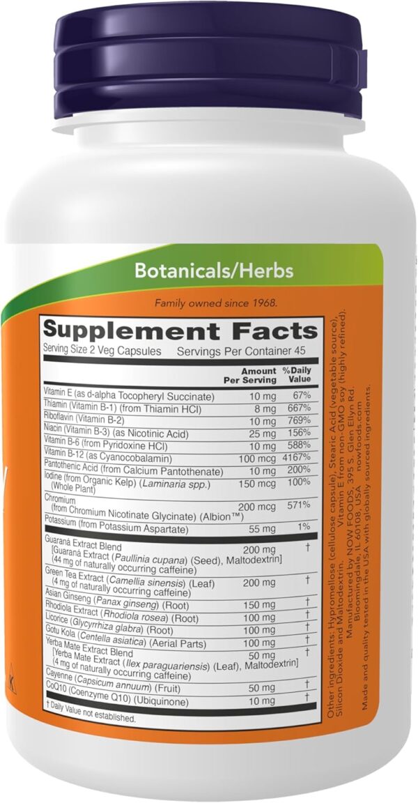 NOW Foods Supplements, Energy Dietary Supplement (lncludes B Vitamins, Green tea, Panax Ginseng and Rhodiola), 90 Capsules