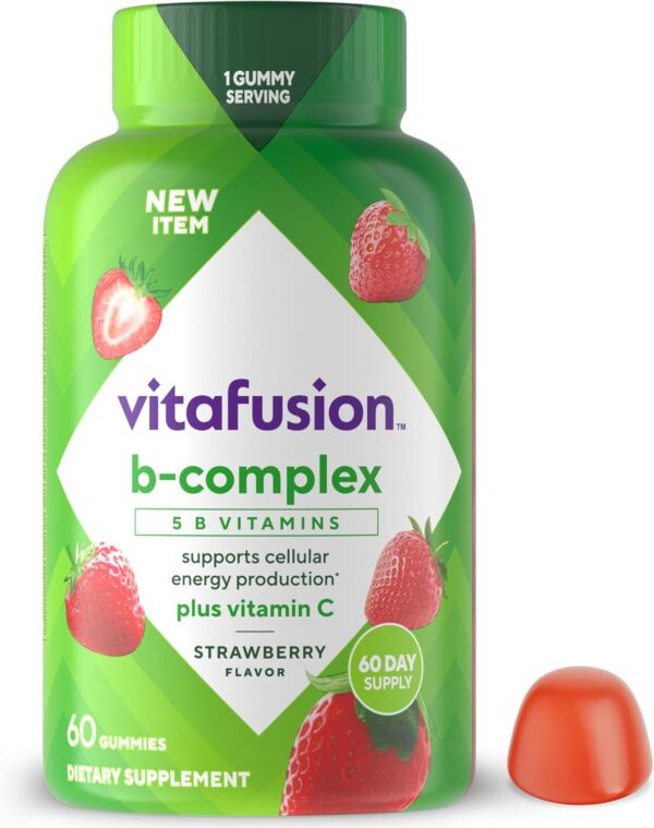 71CwjIqU9VL._AC_SL1500_.jpg vitafusion B-Complex Gummy Dietary Supplements, with 5 B Vitamins to Support Cellular Energy Production (1), Plus Vitamin C, Strawberry Flavor, 60 Count