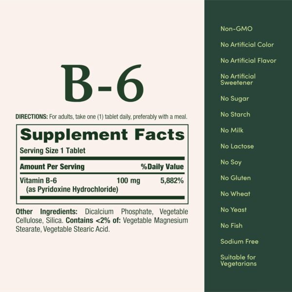 Nature's Bounty Vitamin B6 100mg Tablets - Supports Energy Metabolism & Nervous System Health, 100 Ct