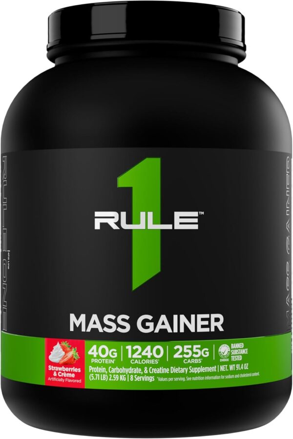 Rule 1 Proteins Mass Gainer - High-Calorie Weight Gain Formula with 1,220+ Calories, 250g+ Complex Carb Blend, 40g All-Whey Protein Per Serving (8 Servings, Strawberries & Crème)