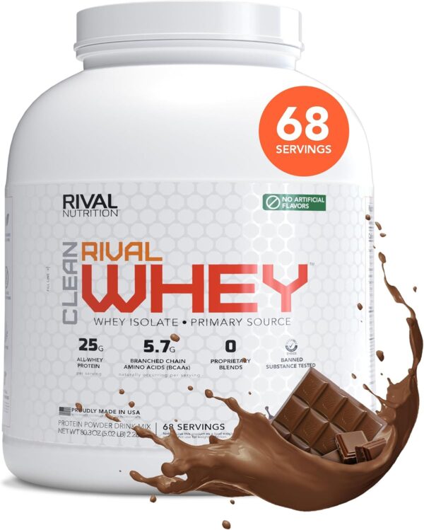 RIVAL NUTRITION Clean Rival Whey Pure Chocolate Protein Powder I 5.02 Lb, 68 Servings I Natural Flavors, No Artificial Colors I 25g Protein, 5.7g BCAAs Per Scoop I Muscle Recovery, Active Lifestyles