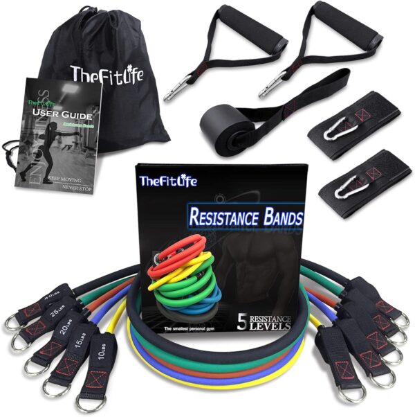 71ZpeeedjlL._AC_SL1500_.jpg TheFitLife Exercise Resistance Bands with Handles - 5 Fitness Workout Bands Stackable up to 110/150/200/250/300 lbs, Training Tubes with Large Handles, Ankle Straps, Door Anchor, Carry Bag