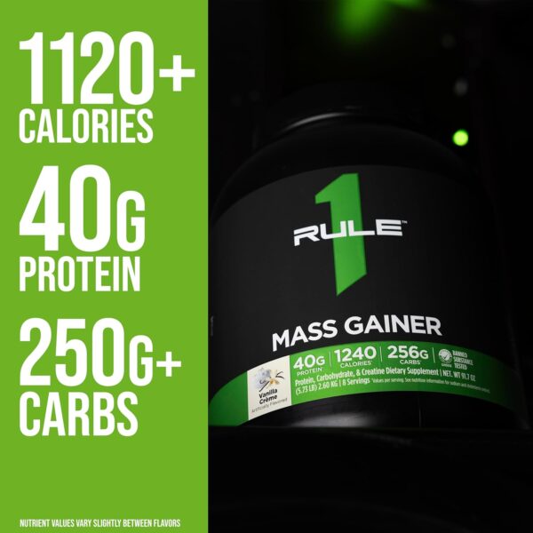 Rule 1 Proteins Mass Gainer - High-Calorie Weight Gain Formula with 1,220+ Calories, 250g+ Complex Carb Blend, 40g All-Whey Protein Per Serving (8 Servings, Strawberries & Crème)