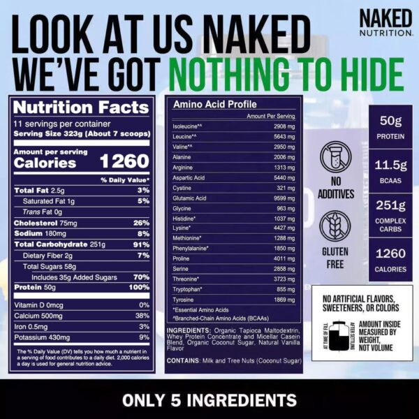 NAKED Vanilla Mass - All Natural Vanilla Weight Gainer Protein Powder - 8lb Bulk, NSF Certified, GMO Free, Gluten Free & Soy Free, No Artificial Ingredients - 1,260 Calories - 11 Servings