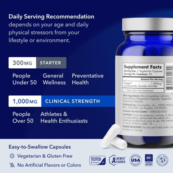 TRU NIAGEN PRO NAD Supplement for Brain Function, Anti Aging, Cell Regeneration | Patented Niagen | Supports Cellular Energy | Nicotinamide Riboside (NR) | 30-1000mg Servings (2x500mg, Take 2 Daily)